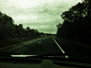 Rainy windshield driving the Garden State Parkway in Cape May County, NJ